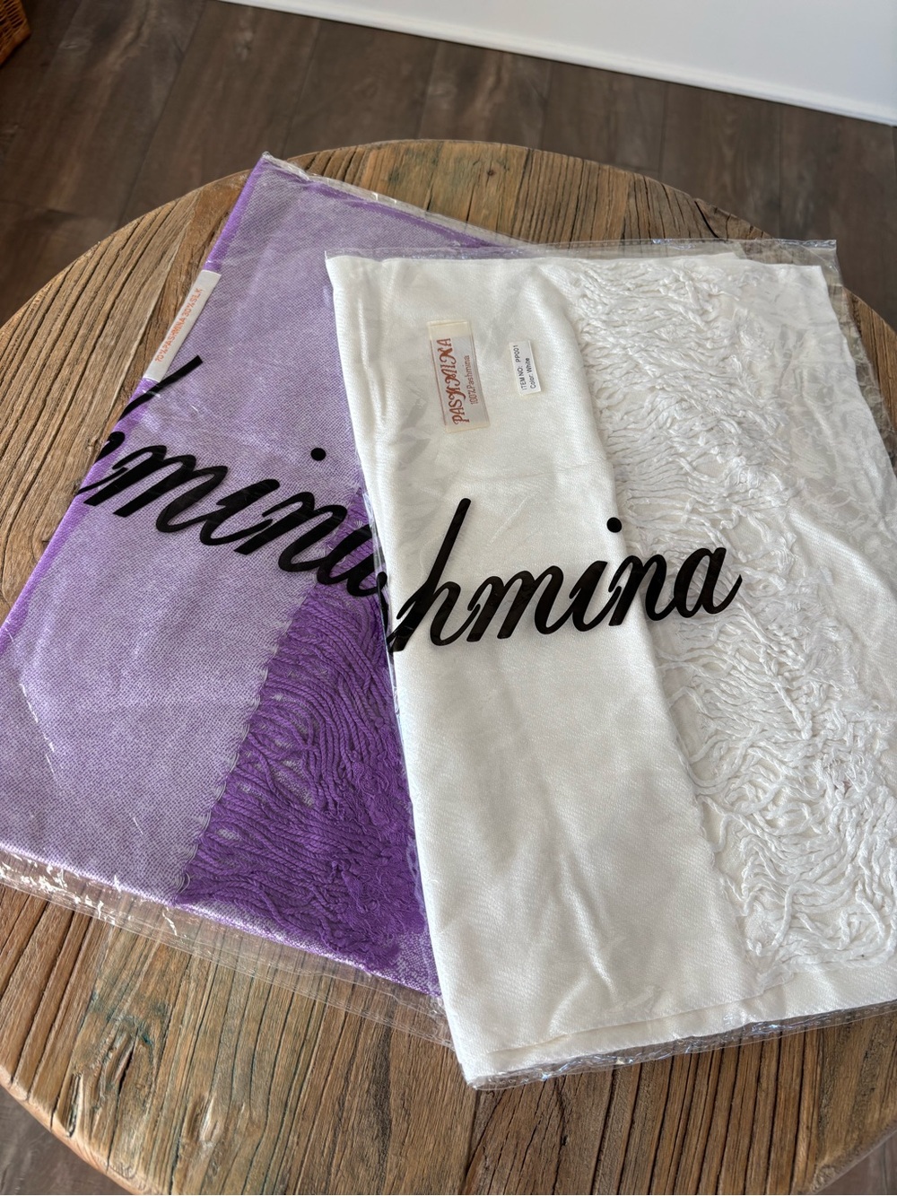 Pashmina White and Purple Paisley with Tassels New in bags Set of Two